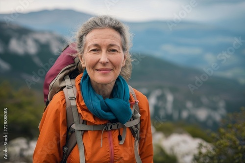 An elderly retired woman leads an active lifestyle, goes on hikes in picturesque places and enjoys life. An elderly tourist passion for adventure