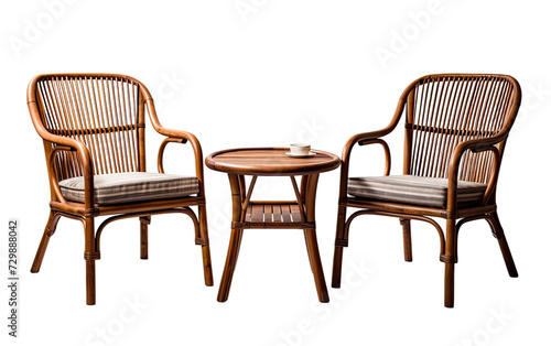 Bamboo dining set of two chairs and one table with cup of tea on it on a White or Clear Surface PNG Transparent Background