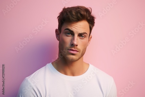 Handsome young man in white t-shirt on pink background
