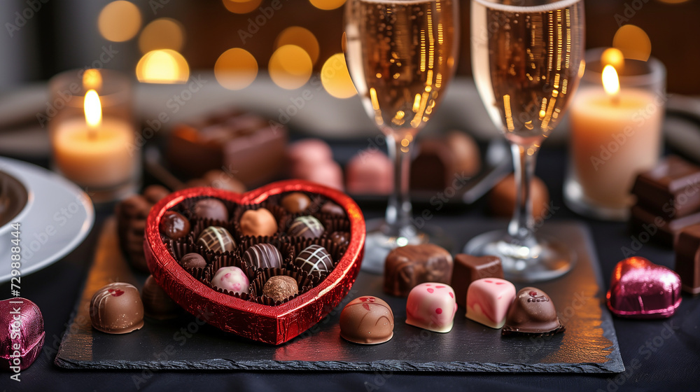 Love's Sweet Symphony: Romantic Chocolate Heart and Champagne Toast,generated by IA 