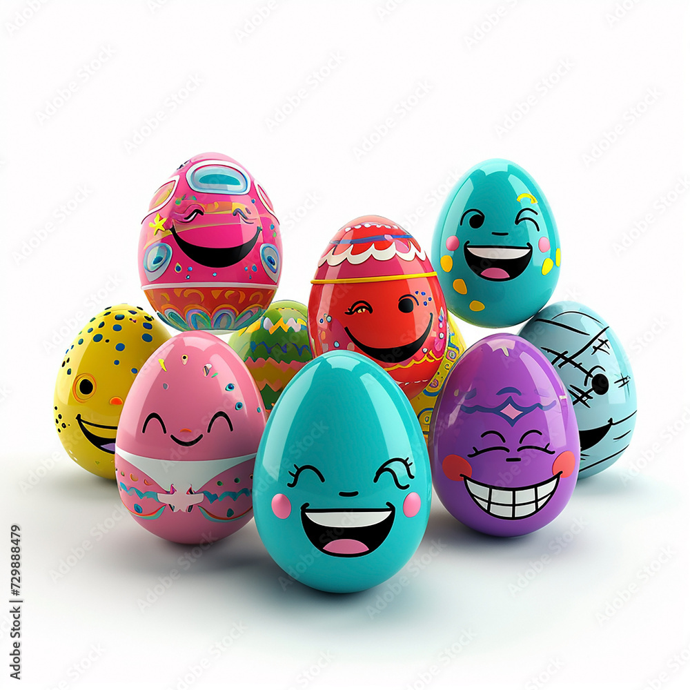 Funny comical multicolored Easter eggs with a smile on their face, on a white background Funny comical multicolored Easter eggs with a smile on their face, on a white background