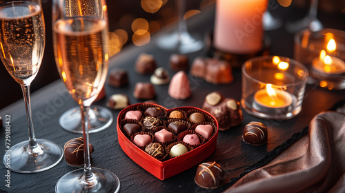 Love in Every Bite  Heart-Shaped Chocolates and Bubbly Champagne generated by IA 