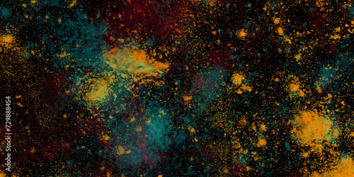 Cosmic neon light red and yellow watercolor background aquarelle deep black Paper textured.  Space Particles Effect on Dark Background. Digital Explosion. Colorful Background. Vector Art Illustration.