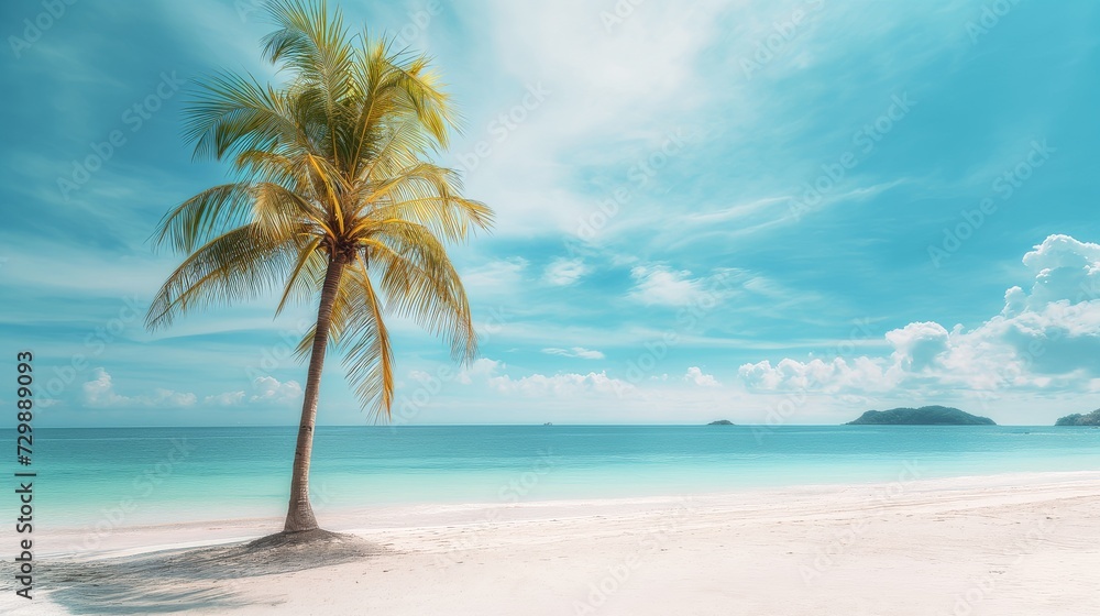 Panoramic banner of idyllic tropical beach with palm tree