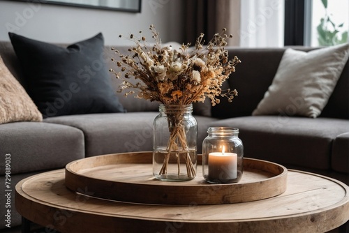 Wooden tray with burning candles and dried flowers in living room interior