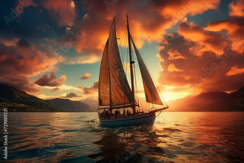 Beautiful sailing yacht in the ocean at sunset, peaks of the mountains on the islands are behind. © Nikolai