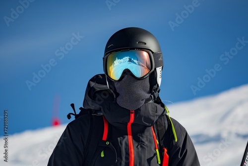 skier outfit with reflective goggles, focused on slope