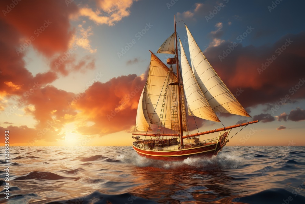 Stunning golden hour. serene sailing yacht gracefully navigating the ocean waves at sunset