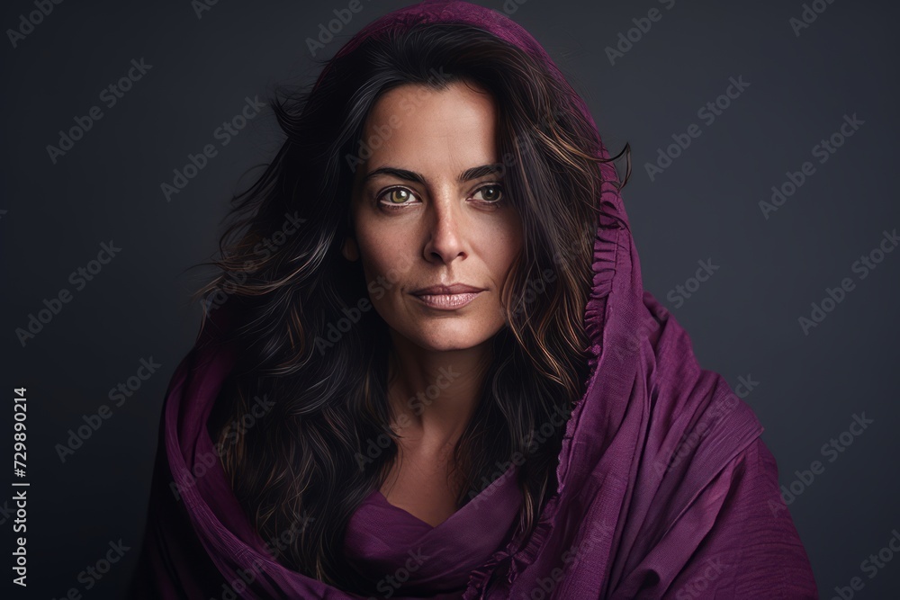 Portrait of a beautiful brunette woman in a purple blanket. Portrait of a beautiful brunette woman in a purple blanket.