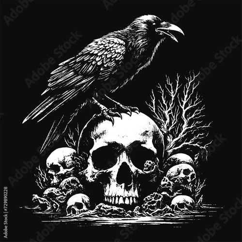 Dark Art Crows Raven Bird with Skull and Bones Grunge Vintage Old School Style illustration for Merch