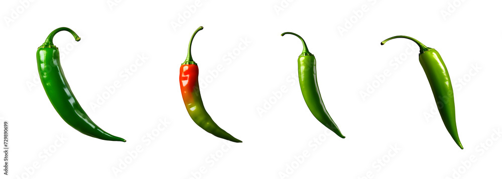 set of green hot chili peppers isolated on white transparent background,generative ai set of green hot chili peppers isolated on white transparent background,generative ai