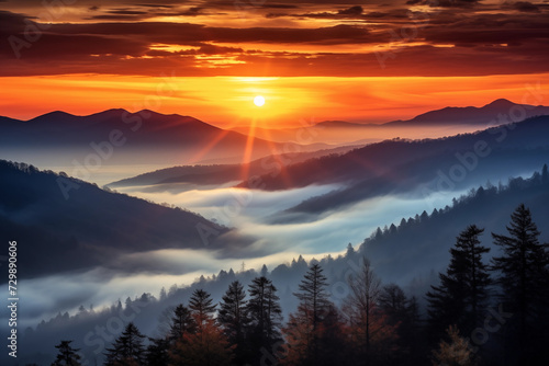 Sunset in smoky fog mountains