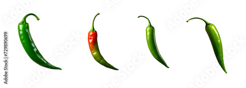 set of green hot chili peppers isolated on white transparent background,generative ai