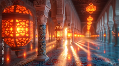 Glowing Lights in a Grand Hallway A Spectacular Sight for the Month of Ramadan Generative AI