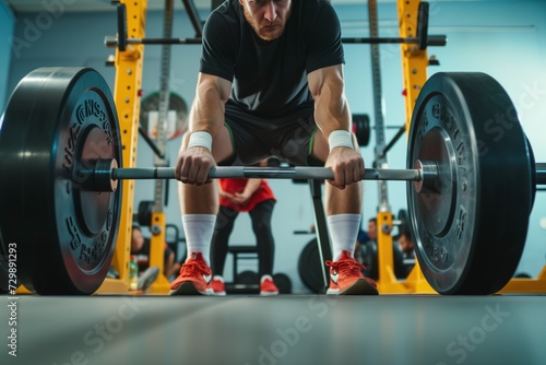 spotter ready behind a weightlifter squatting