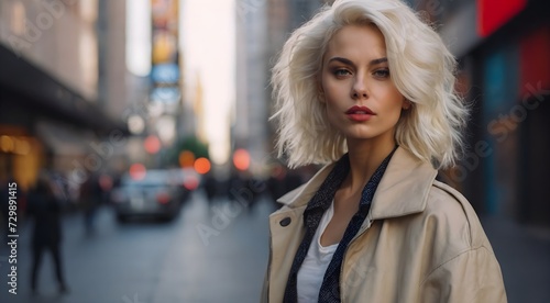 portrait of a modern woman with platinum blonde hair on the street of a big city © Amir Bajric
