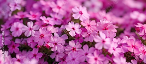 Pink creeping phlox 'Zwergenteppich' with pink flowers and red eye blooms in spring, forming a dense mat in a sunny garden.