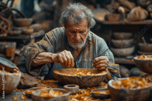 An individual mastering a traditional craft  preserving skills passed down through generations. Concept of heritage and skill preservation. Generative Ai.