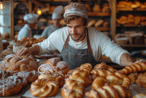 A baker using family recipes to run a small bakery, connecting with customers through flavors. Concept of family legacy and authentic culinary experiences. Generative Ai.