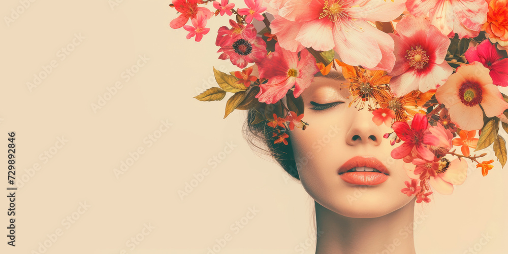 Banner of a woman with spring flowers in her hair. Young and fresh