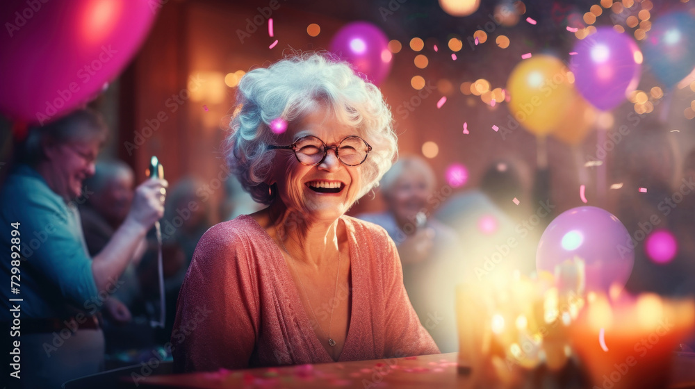 Happy seniorr lady having fun at Birthday party. Baloon, confetti