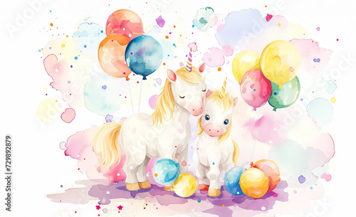 Watercolor illustration of a white unicorn and its mother with balloons