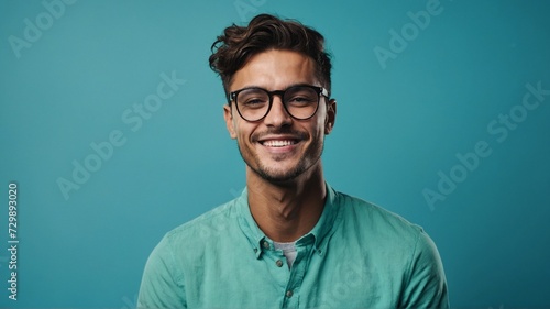Portrait of young smiling man wearing glasses isolated on turquoise background