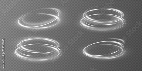 Glowing white spiral. Speed ​​abstract lines effect. Rotating shiny rings. Glowing circular lines. Glowing ring trail. Vector.