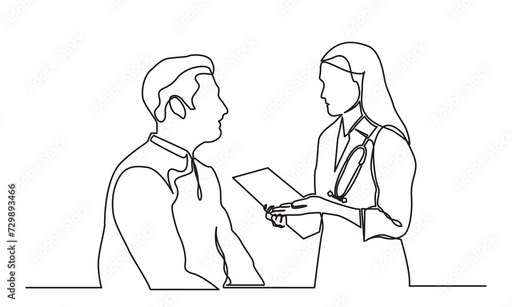 continuous line drawing of a female doctor talking to a male patient in a hospital.single-line female doctor with a stethoscope treats a patient man. Concept of hospital and health care service vector continuous line drawing of a female doctor talking to a male patient in a hospital.single-line female doctor with a stethoscope treats a patient man. Concept of hospital and health care service vector