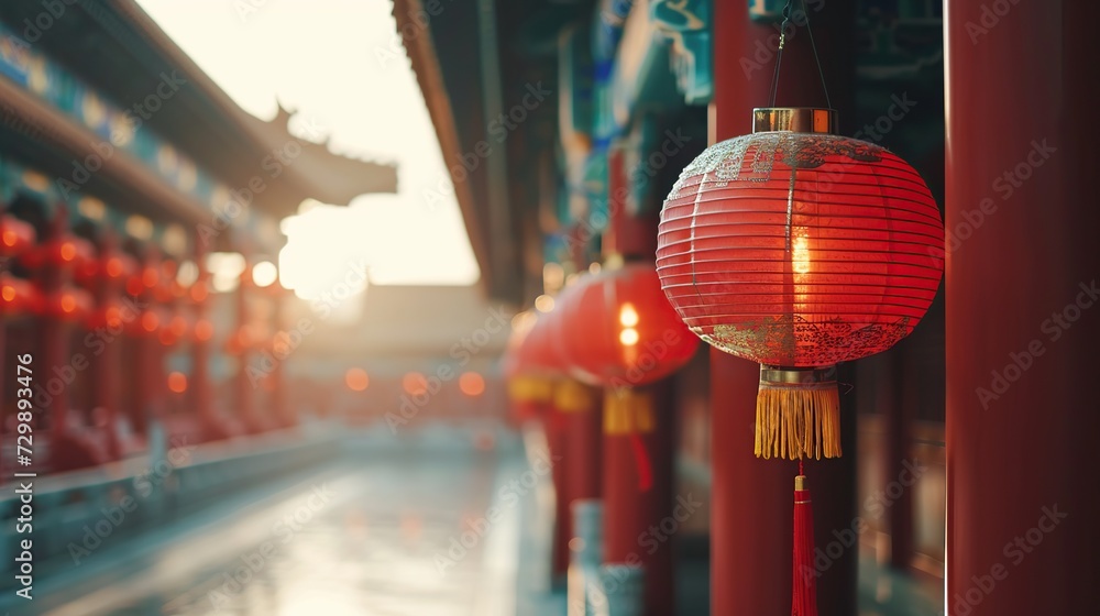 A traditional red lantern outside a temple bathed in the soft glow of dusk; a perfect embodiment of Asian culture and spirituality, suitable for thematic and travel content. A traditional red lantern outside a temple bathed in the soft glow of dusk; a perfect embodiment of Asian culture and spirituality, suitable for thematic and travel content.