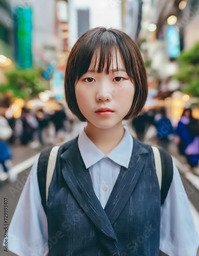 雑踏で立つパーカーを着た女子高生