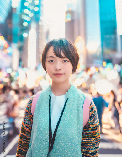 雑踏で立つパーカーを着た少女