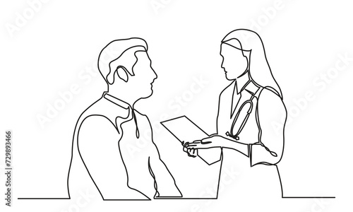continuous line drawing of a female doctor talking to a male patient in a hospital.single-line female doctor with a stethoscope treats a patient man. Concept of hospital and health care service vector