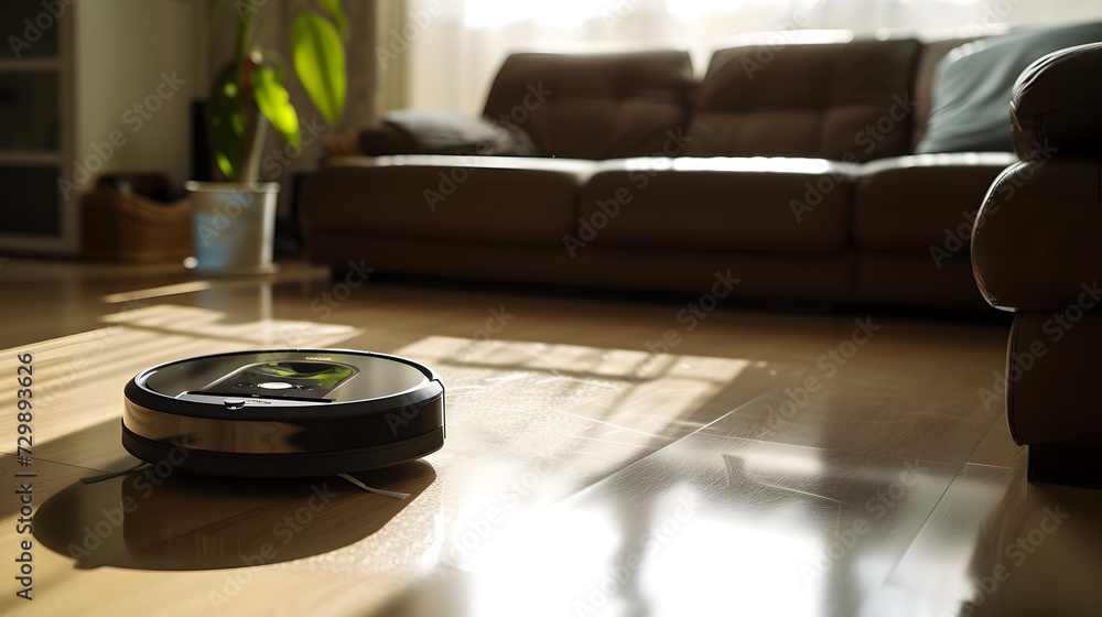 close up of a robotic vacuum glides seamlessly across a polished hardwood floor close up of a robotic vacuum glides seamlessly across a polished hardwood floor