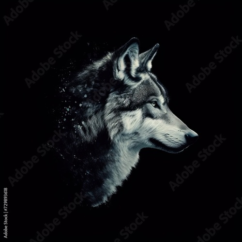 Flat logo wolf double exposure style on a black background. Double exposure style.