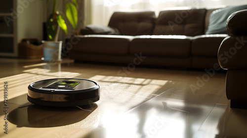 close up of a robotic vacuum glides seamlessly across a polished hardwood floor
