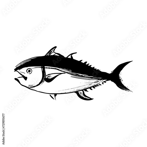 タイセイヨウクロマグロの和風ベクターイラスト（白黒）。
