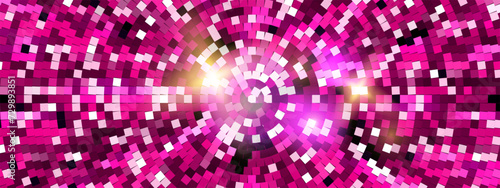 Glamorous pink disco ball radial pattern with mirror mosaic texture. Party bg with square sequins. Luxury disco club wallpaper. Vintage abstract vector illustration.