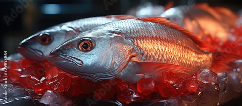 red fish pieces on foil paper into package, in food factory photo