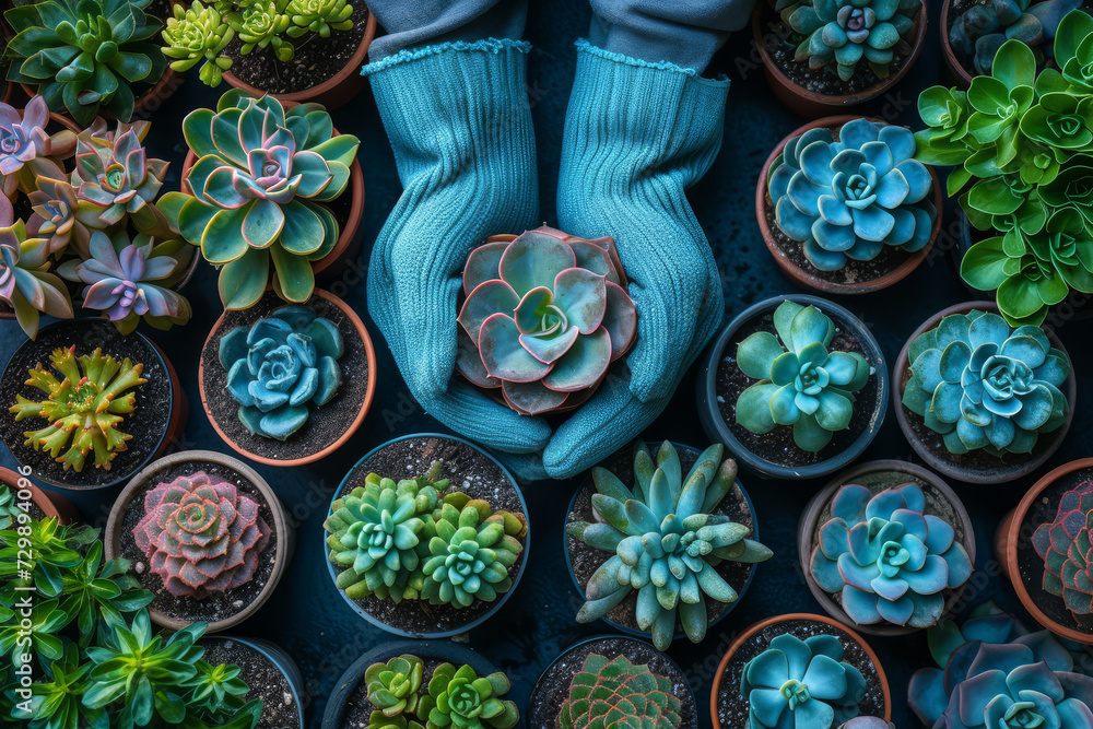 A gardening flat lay with succulents, small pots, and gardening gloves. Concept of indoor gardening and green decor. Generative Ai.