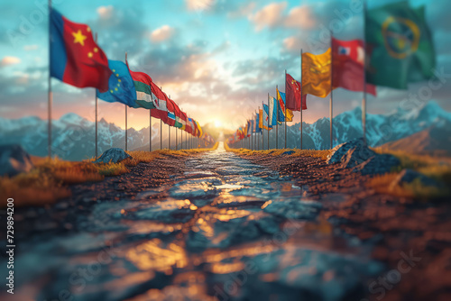 A multicultural festival with various national flags, representing a celebration of global cultures. Concept of unity in diversity and cultural celebration. Generative Ai. photo