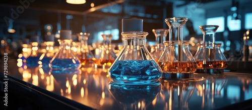 research and development laboratory background, microscope and laboratory glassware with molecular symbols