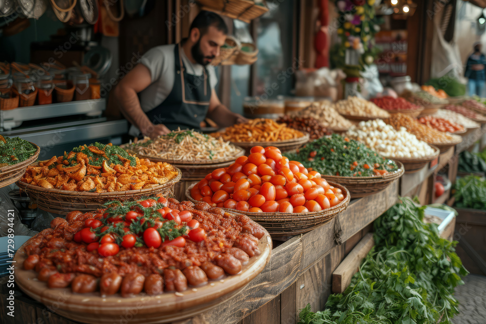A street market with stalls selling diverse ethnic foods, symbolizing the fusion of different cuisines. Concept of culinary diversity and cultural exchange. Generative Ai.