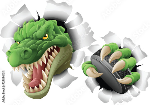A crocodile, dinosaur or alligator lizard hockey sports mascot