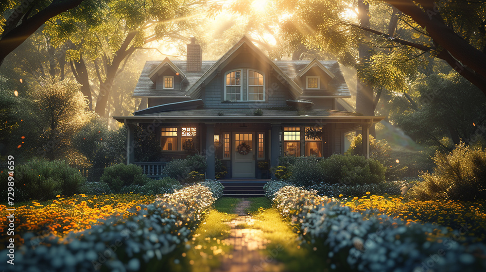 The cool light of dawn illuminating the minimalist exterior of a craftsman house, creating a serene and inviting atmosphere. - obrazy, fototapety, plakaty 