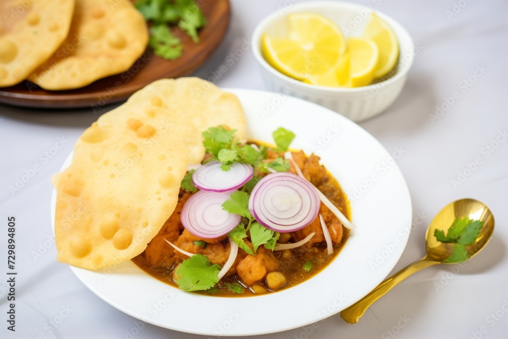 chole bhature with onions and lemon wedge