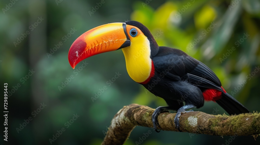 Naklejka premium A colorful toucan perched on a lush branch in the heart of the Amazon rainforest