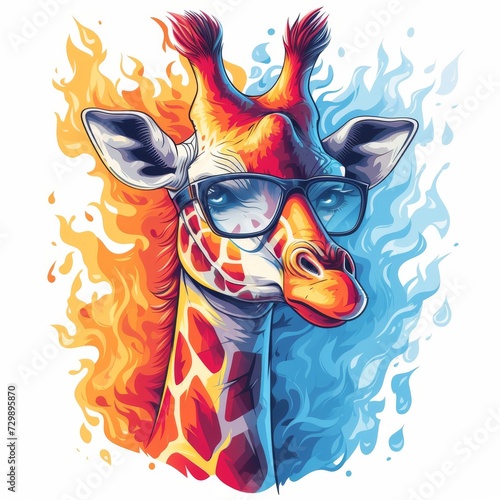 Happy Giraffe Character with Glasses Grasps Fire and Ice Heart on White  for Design   Print