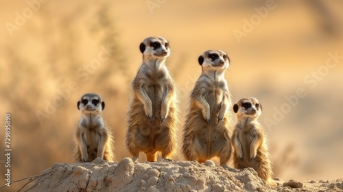 A family of meerkats standing sentinel in the arid deserts of Africa.