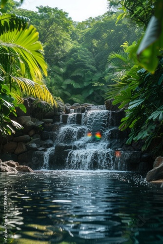 A calming waterfall cascading into a serene pool amidst lush, green foliage.